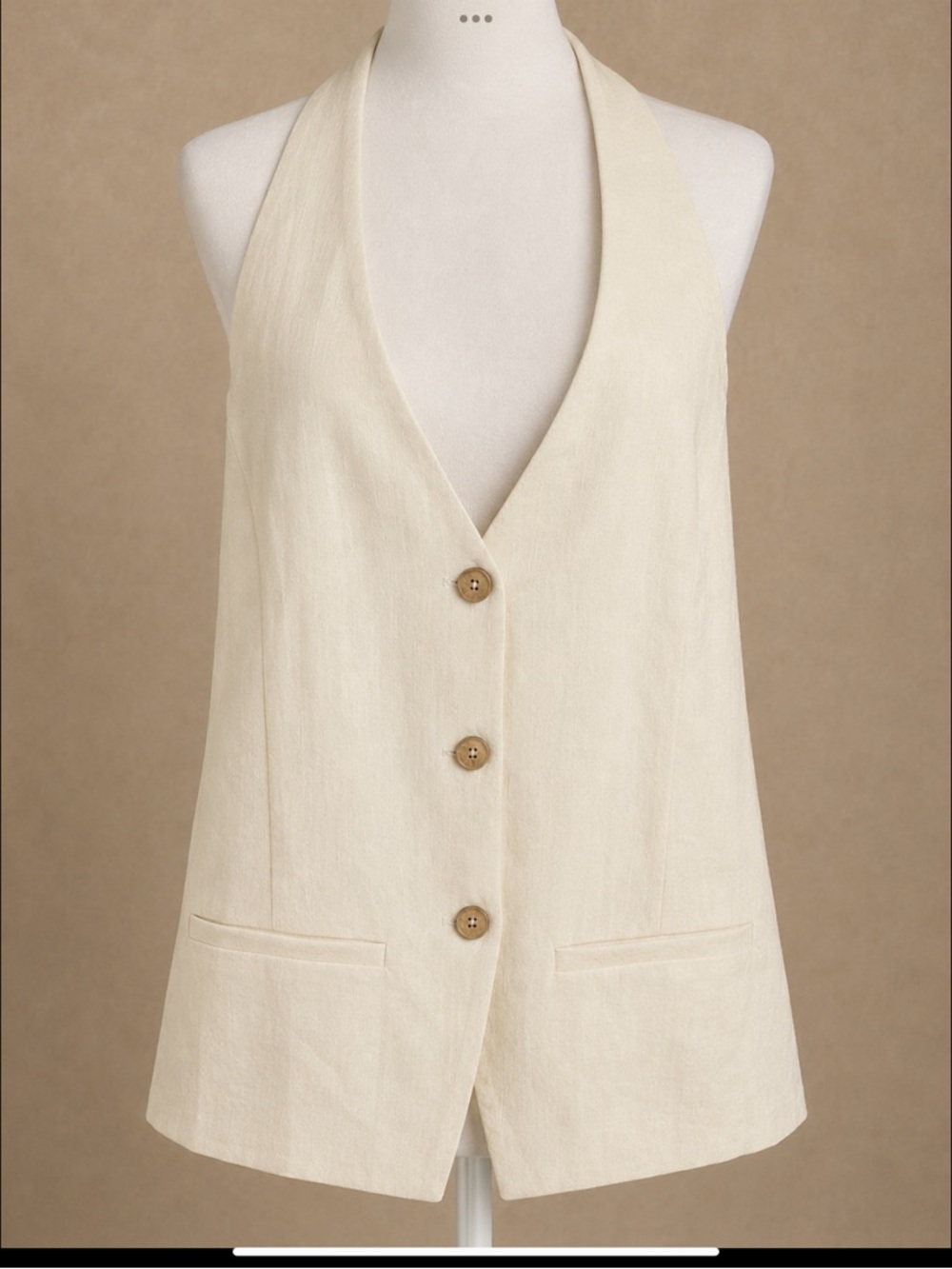 Cream Coastal Halter Vest • European Summer Linen Look • Open Back Tie XL